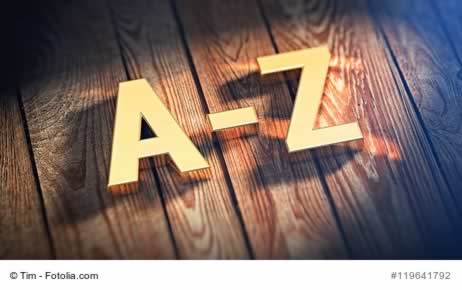 The sign "A-Z" is lined with gold letters on wooden planks. 3D illustration image